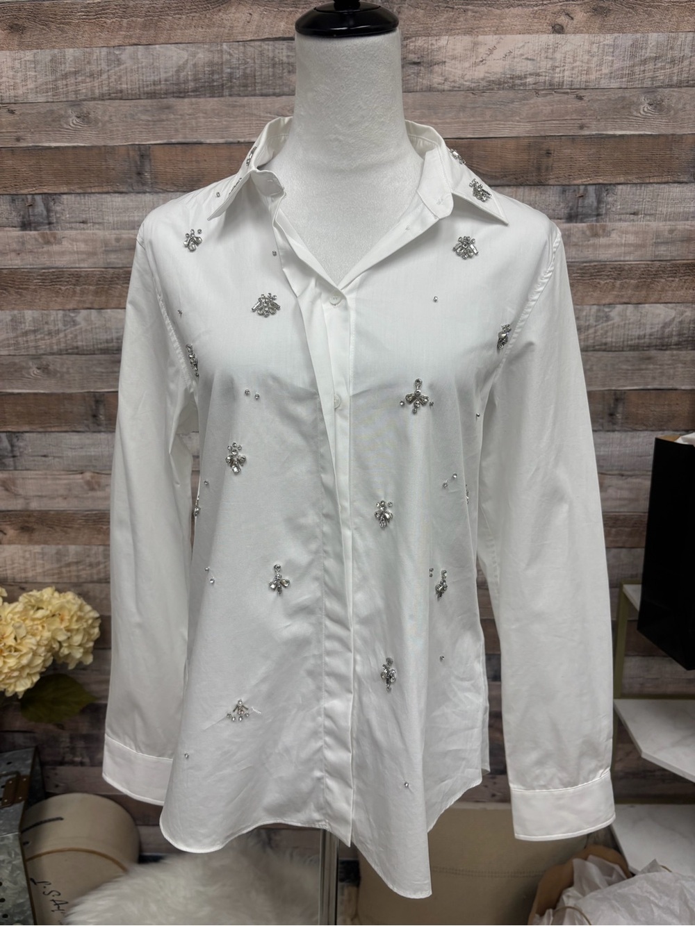 NWT White Embellished Zara Button Down Blouse M